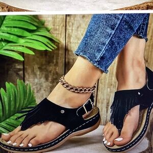 Faux Suede Waling Sandals with Tassel Detail (Size: 10)
